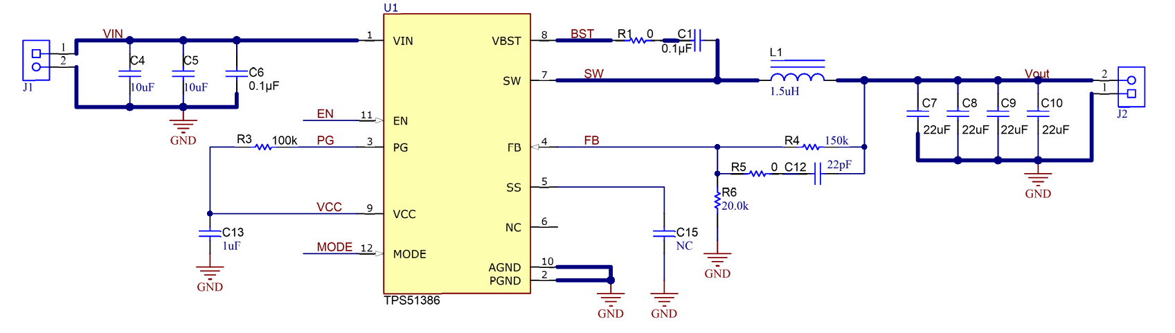 TPS51386 typical application schematic. 6–24V input, 5.1V output, 8A output current.